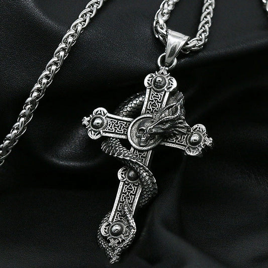 Skull And Dragon Cross Pendant Necklace