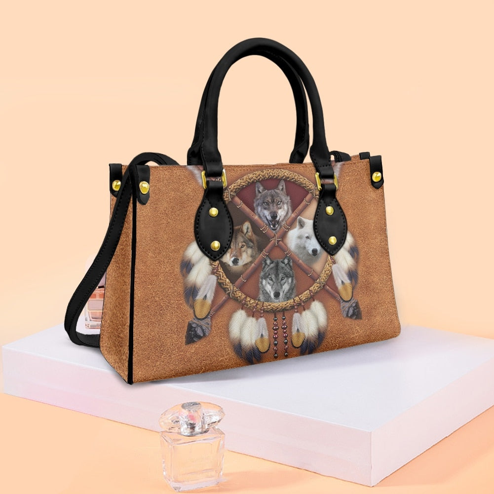 Retro Native Wolf Women Leather Handbag