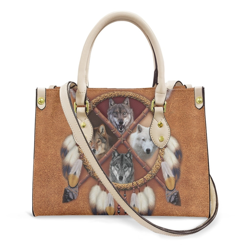 Retro Native Wolf Women Leather Handbag