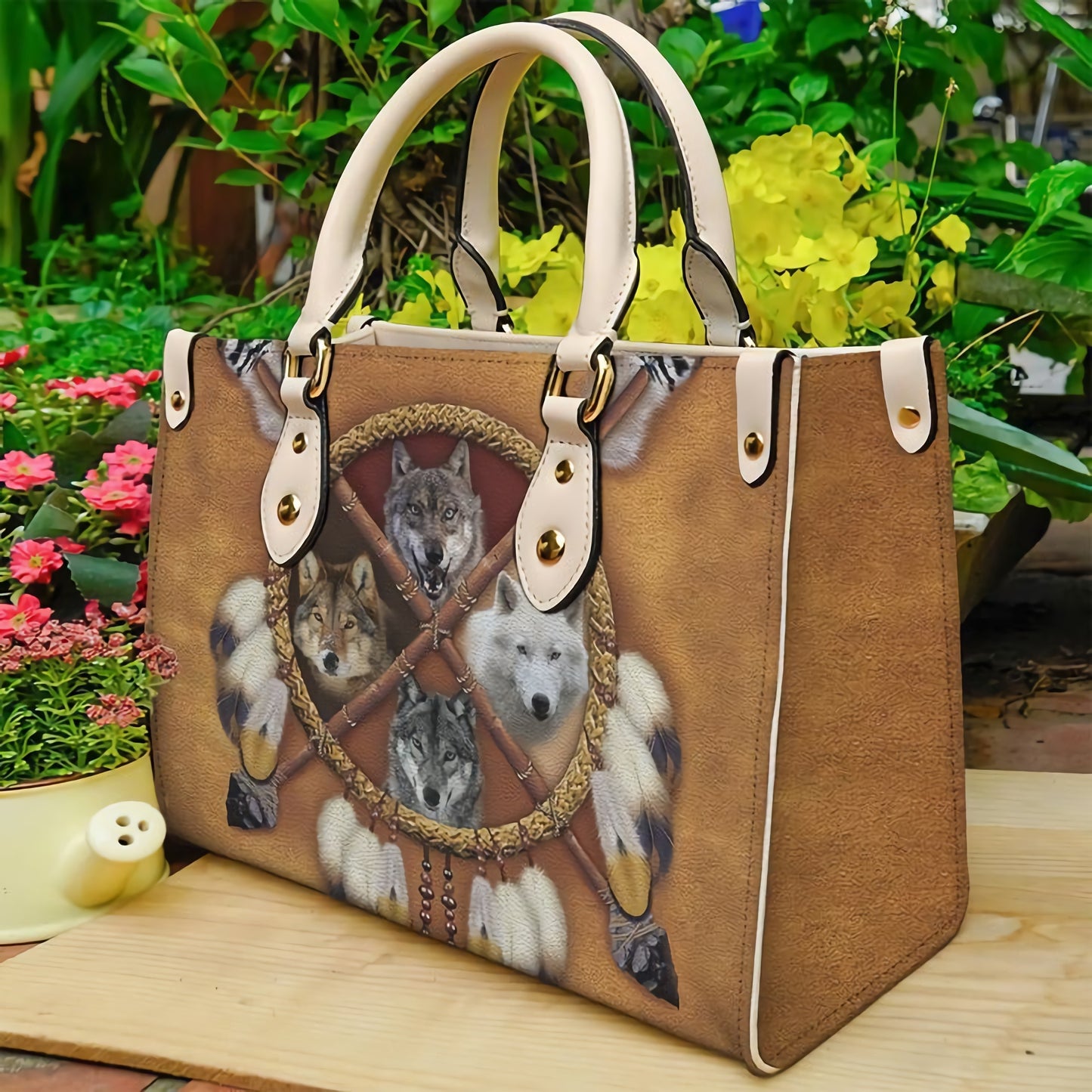 Retro Native Wolf Women Leather Handbag