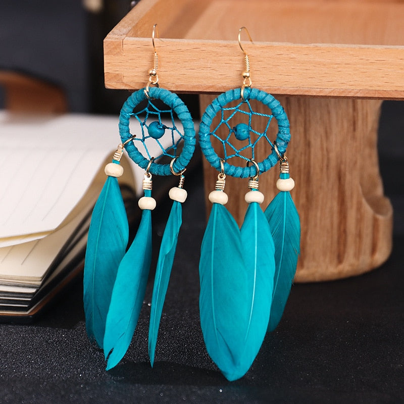 Native Dream Catcher Blue Feather Earrings