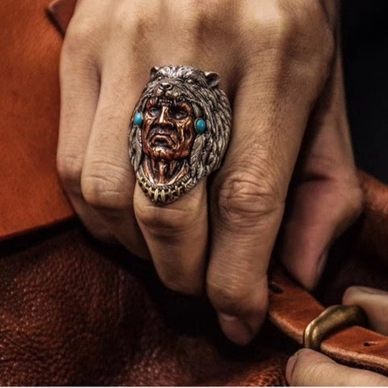 Native Chief Wolf Head Ring