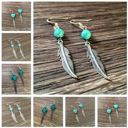 Native Feather Earrings Silver Color Natural stone Green