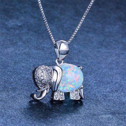 White Blue Fire Opal Elephant Necklace