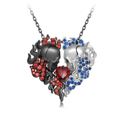 Red And Blue Fire American Skull Heart Necklace