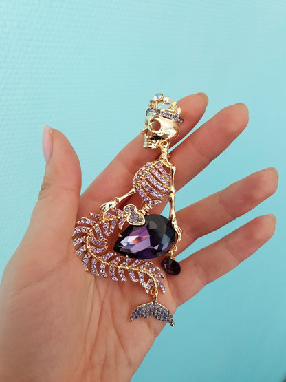 Mermaid Skull Pin Crown Brooch Crystal