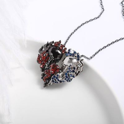 Red And Blue Fire American Skull Heart Necklace