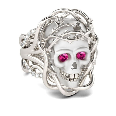 Pink Sapphire Skull Ring, skull pink stone, pink skull ring, skull hug pink sapphire ring, skull hug crystal pink ring, skull pink eyes ring