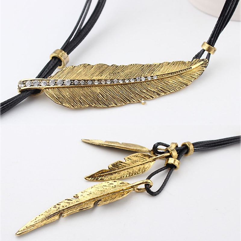 Native Rope Chain Leaf Feather Pendant Necklace