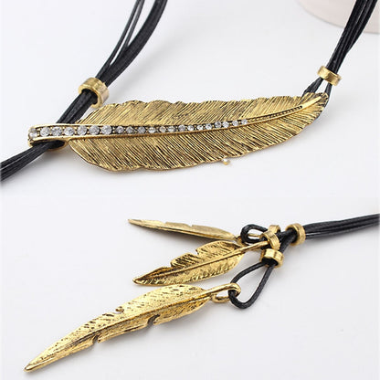 Native Rope Chain Leaf Feather Pendant Necklace