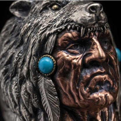 Native Chief Wolf Head Ring