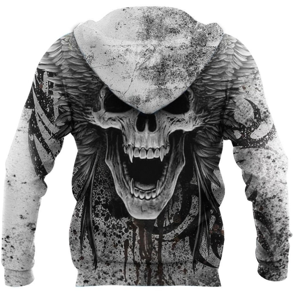 Crazy Skull With Angel Wings Long Sleeve Hoodie Sweatshirt