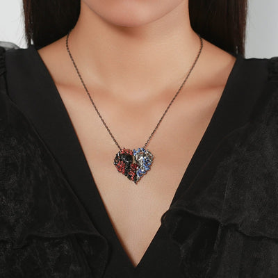 Red And Blue Fire American Skull Heart Necklace