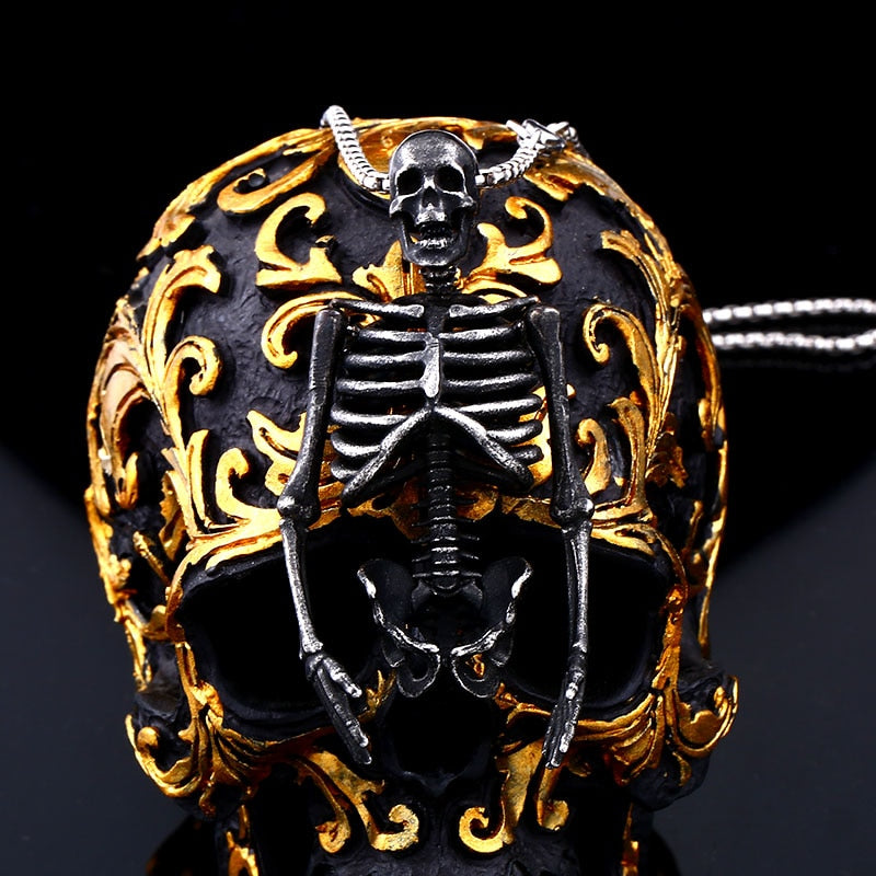 Black Skeleton Punk Skull Necklace