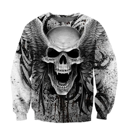 Crazy Skull With Angel Wings Long Sleeve Hoodie Sweatshirt