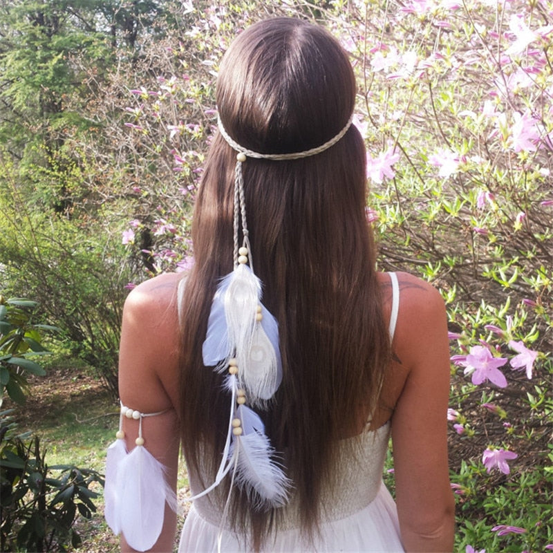 Native White Feather Hair Rope Headband