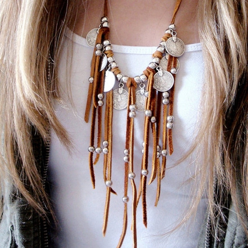 Native Indian Leather Fringe Statement Necklace