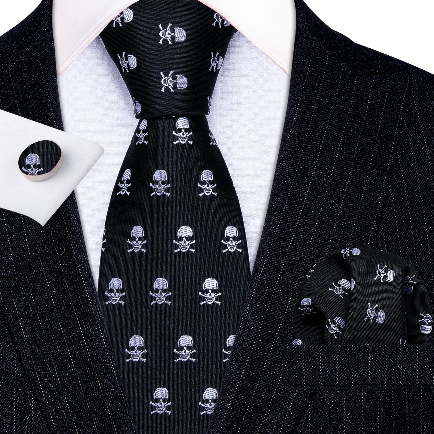 Skull Tie Set 8.5cm Silk Handkerchief Ties