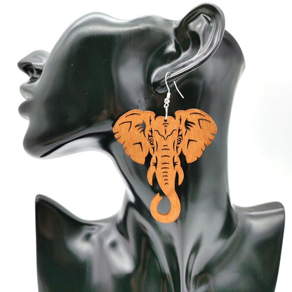 Elephant Pattern Wooden Drop Earrings