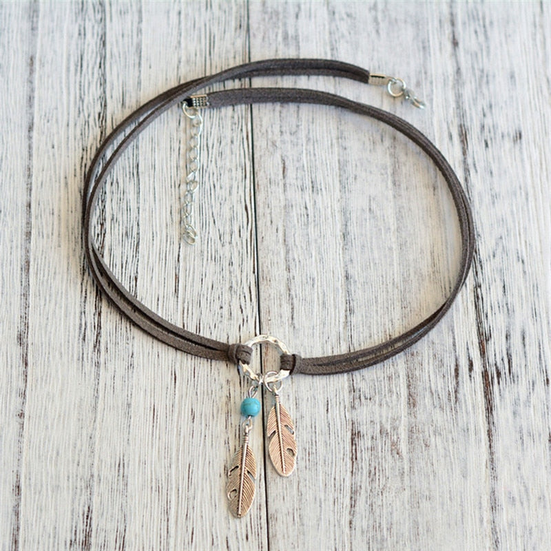 Turquoise Feather Choker Native Necklace