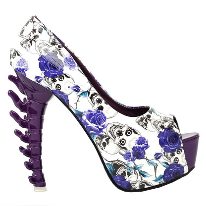 Purple Skull Rose Platform Bone Heel Club Pumps