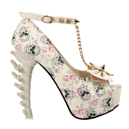 Skull And Rose Skeleton High Heels