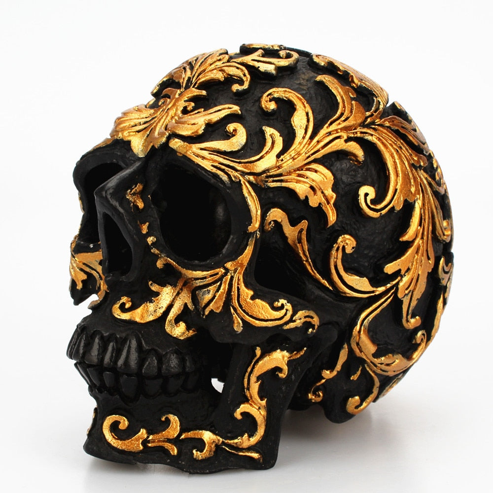 Resin Black Skull Head Golden Carving Statue Home Decoration