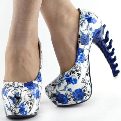 Skull Rose Print Platform Bone High Heels Shoes