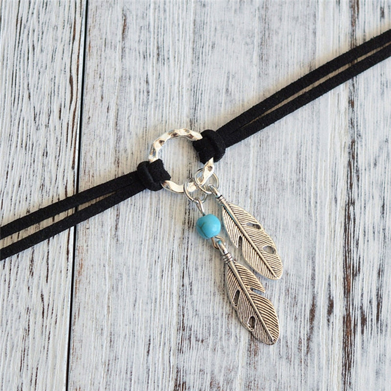 Turquoise Feather Choker Native Necklace