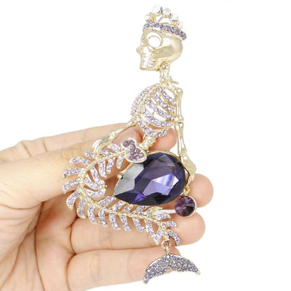 Mermaid Skull Pin Crown Brooch Crystal