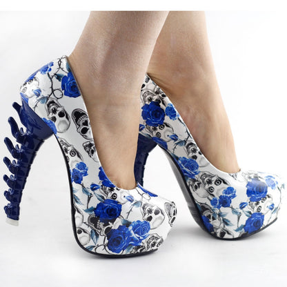 Skull Rose Print Platform Bone High Heels Shoes