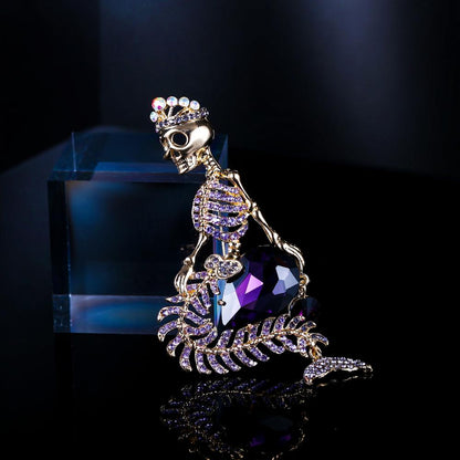 Mermaid Skull Pin Crown Brooch Crystal