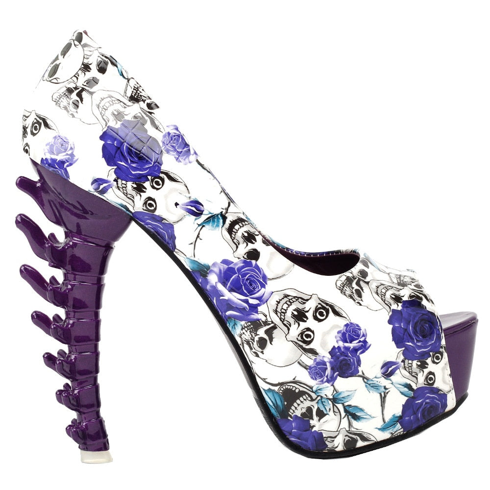 Purple Skull Rose Platform Bone Heel Club Pumps