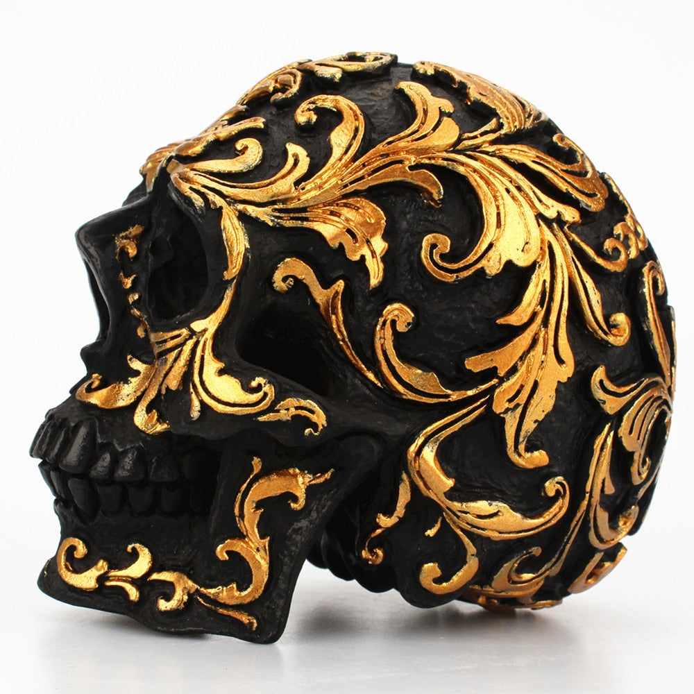 Resin Black Skull Head Golden Carving Statue Home Decoration