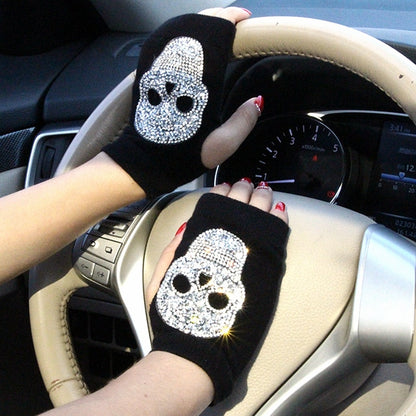 Winter Gloves Women Skull Rhinestone - Winter Accessories