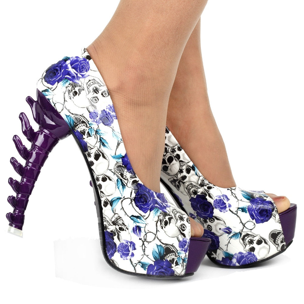 Purple Skull Rose Platform Bone Heel Club Pumps