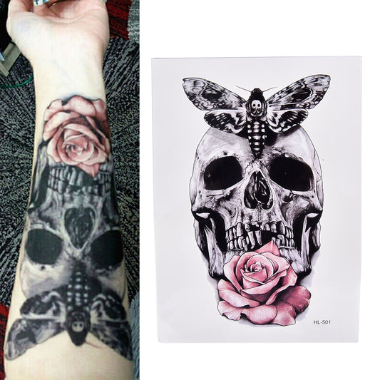 Skull And Pink Rose Tattoo Stickers 21 X 15 CM