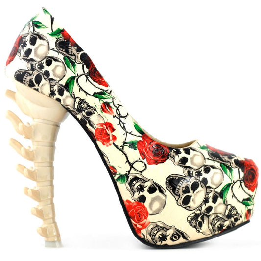 Skull Rose Print Platform Bone High Heels Shoes