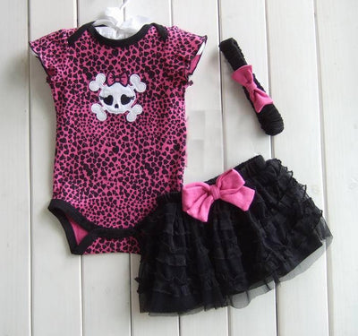 Skull Pink Clothing Sets Bodysuits + Skirt + Headband  3 Piece Suits Leopard