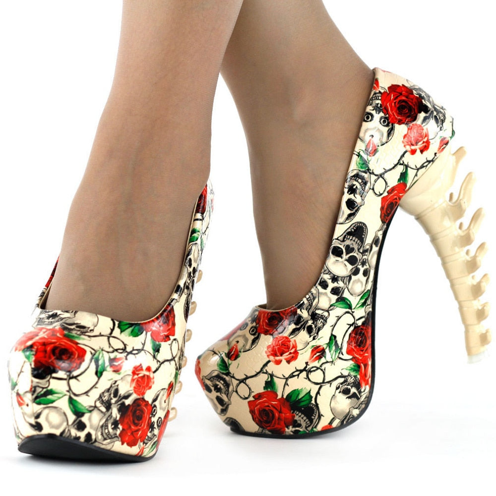 Skull Rose Print Platform Bone High Heels Shoes