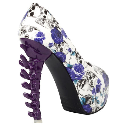 Purple Skull Rose Platform Bone Heel Club Pumps