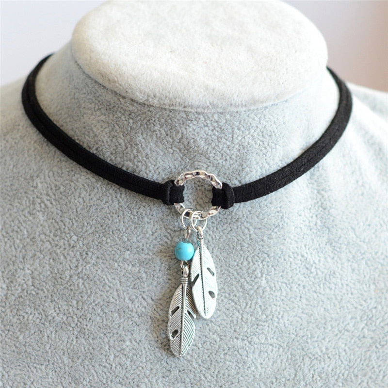 Turquoise Feather Choker Native Necklace