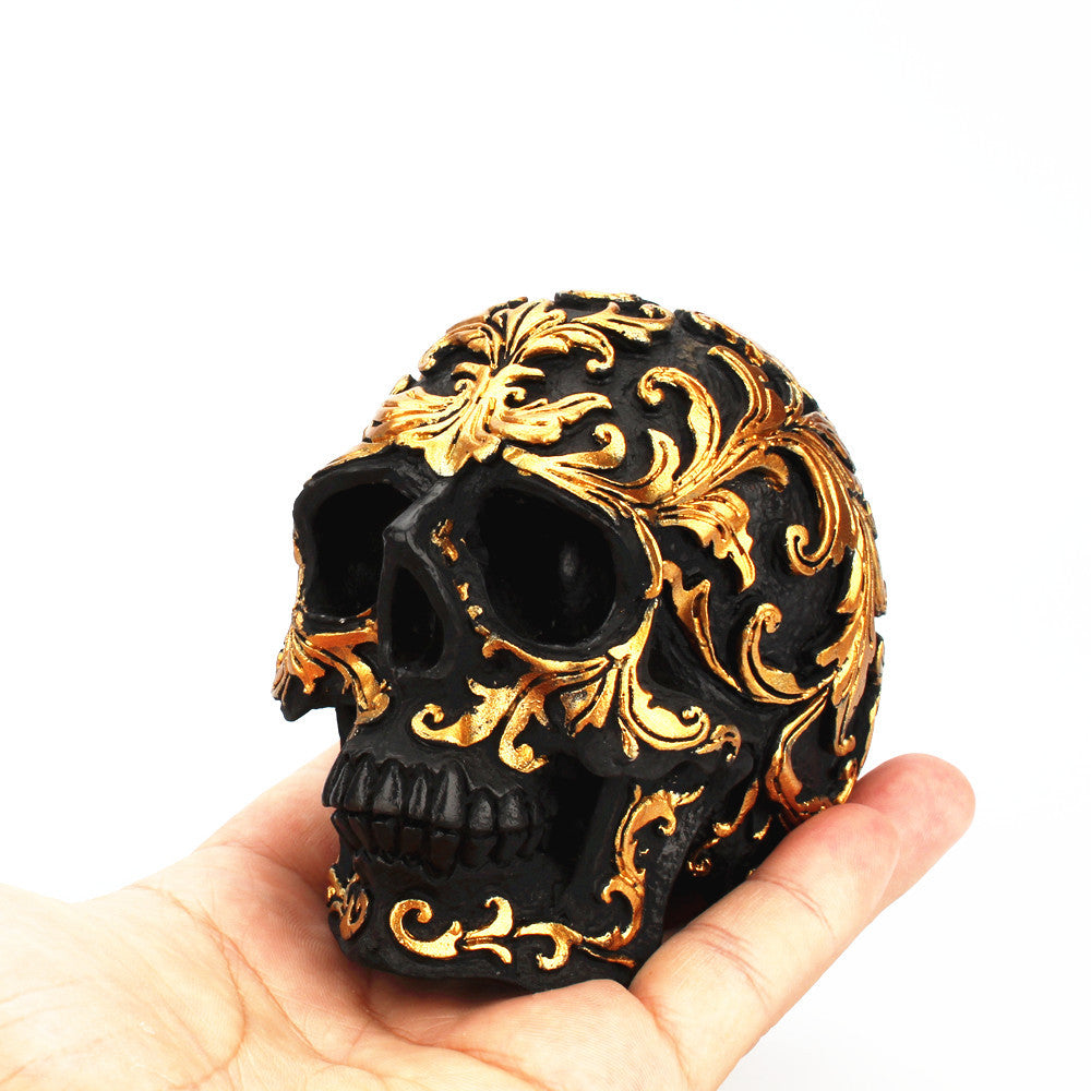 Resin Black Skull Head Golden Carving Statue Home Decoration