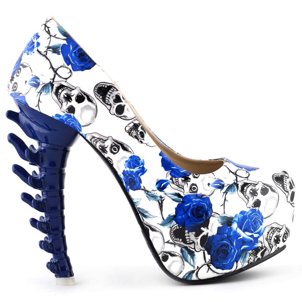 Skull Rose Print Platform Bone High Heels Shoes