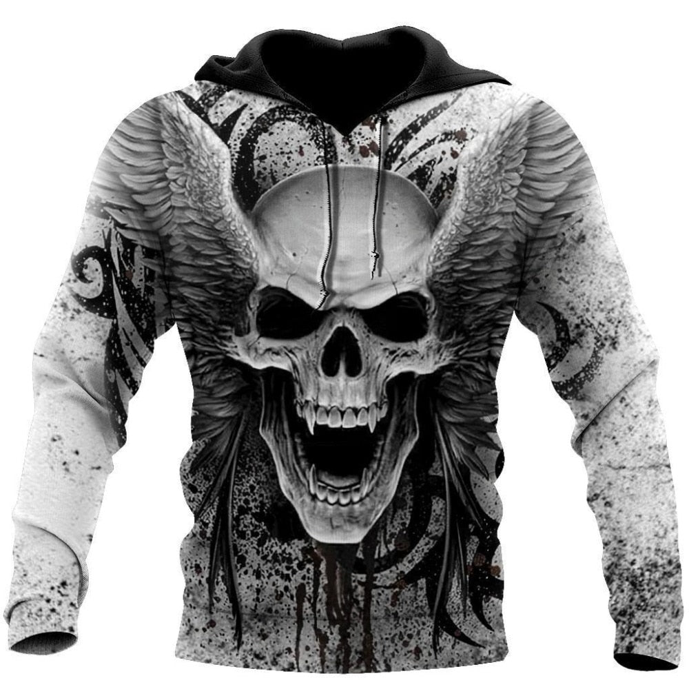 Crazy Skull With Angel Wings Long Sleeve Hoodie Sweatshirt