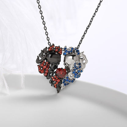 Red And Blue Fire American Skull Heart Necklace