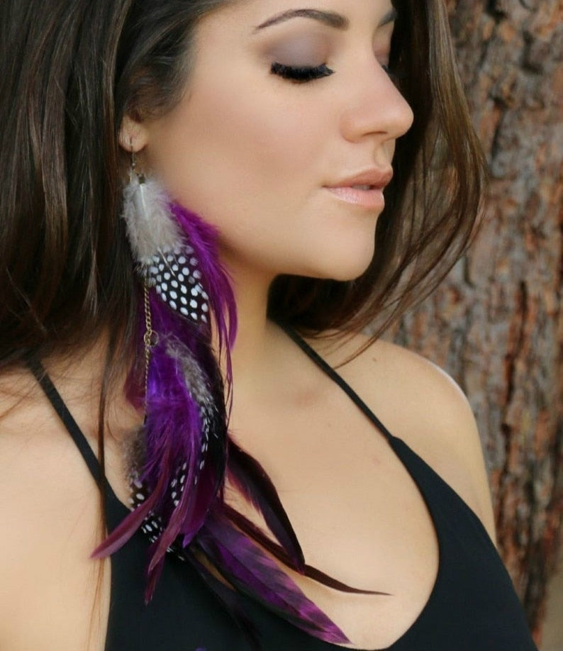 Native Gorgeous Purple Long Feather Earrings