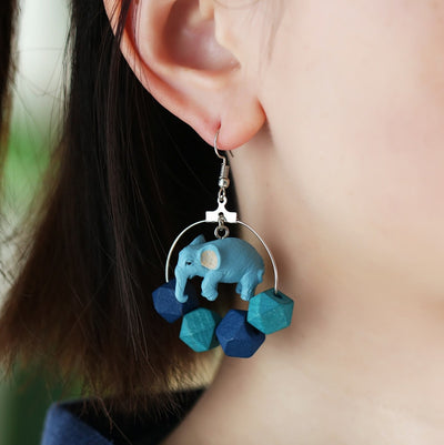 Elephant Wooden Bead Blue Earrings