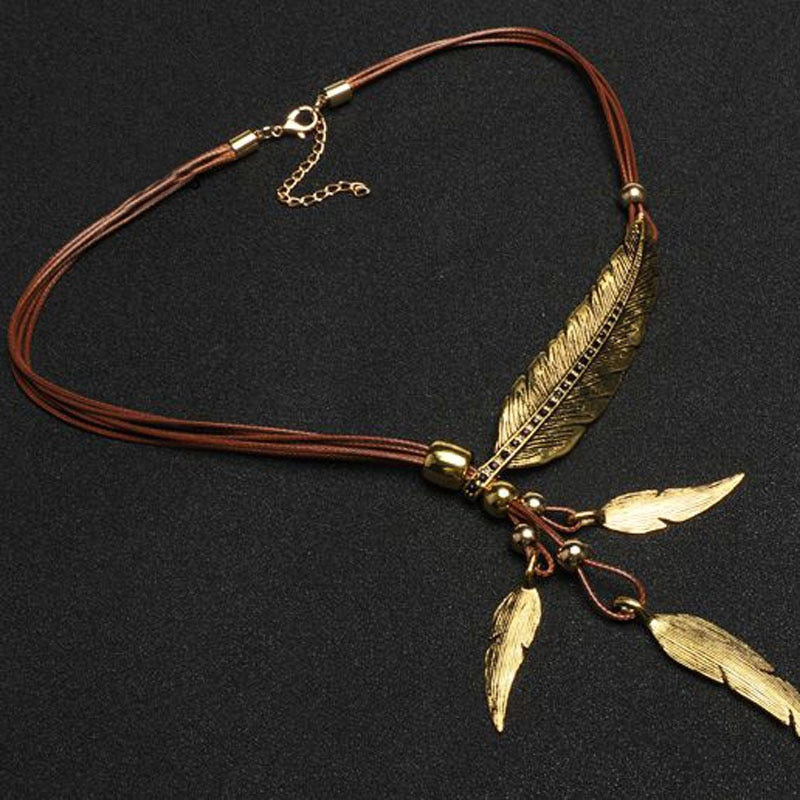 Native Rope Chain Leaf Feather Pendant Necklace