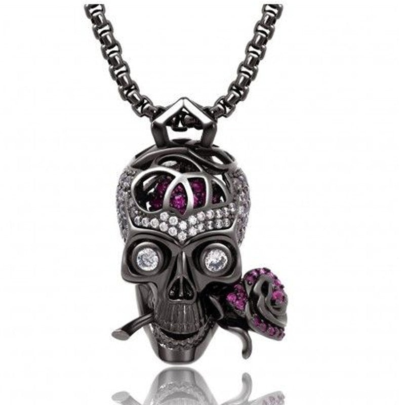 Skull And Rose Purple Necklace